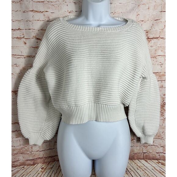 Fate By Lfd White Sweater Sz Medium Ribbed Puff Sleeves Cotton Structured Thick - Picture 10 of 10